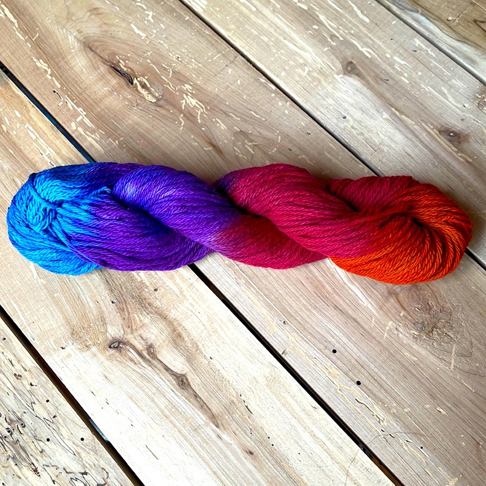 blue-purple-red-orange colour-way, hand-dyed 4ply crochet cotton 50g skein
